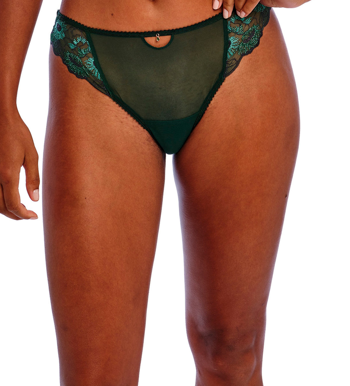 Model wearing Freya Loveland Brief Deep Emerald, green floral lace with keyhole and gemstone detail, seamless bikini brief.