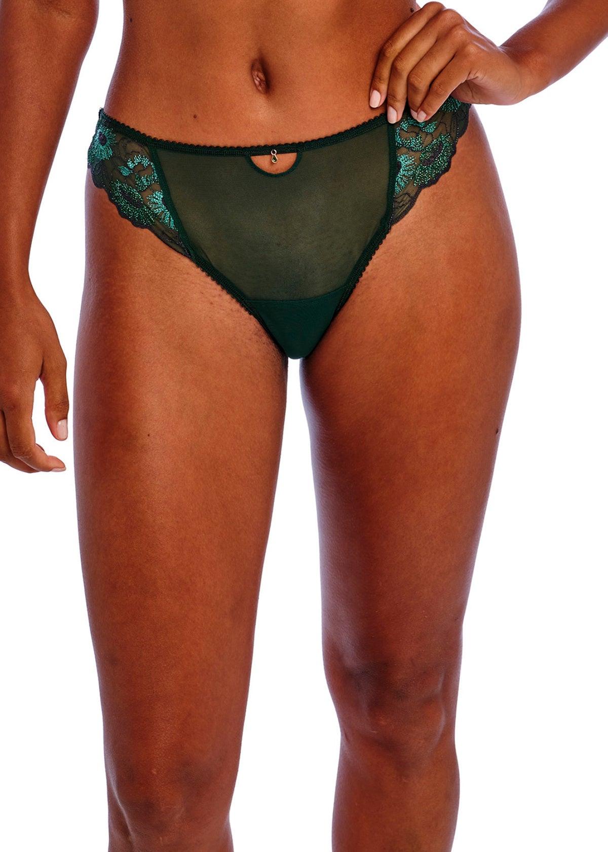 Model wearing Freya Loveland Brief Deep Emerald, green floral lace with keyhole and gemstone detail, seamless bikini brief.