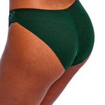 Side and back view of Freya Loveland Brief Deep Emerald, seamless finish with gathered back seam, green lace detail.