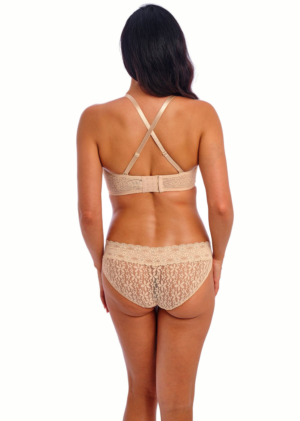 Back view of Halo Lace Strapless Bra Nude, featuring detachable straps and secure closure