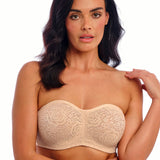 Front view of model wearing Halo Lace Strapless Bra Nude, showcasing bandeau style and soft lace design