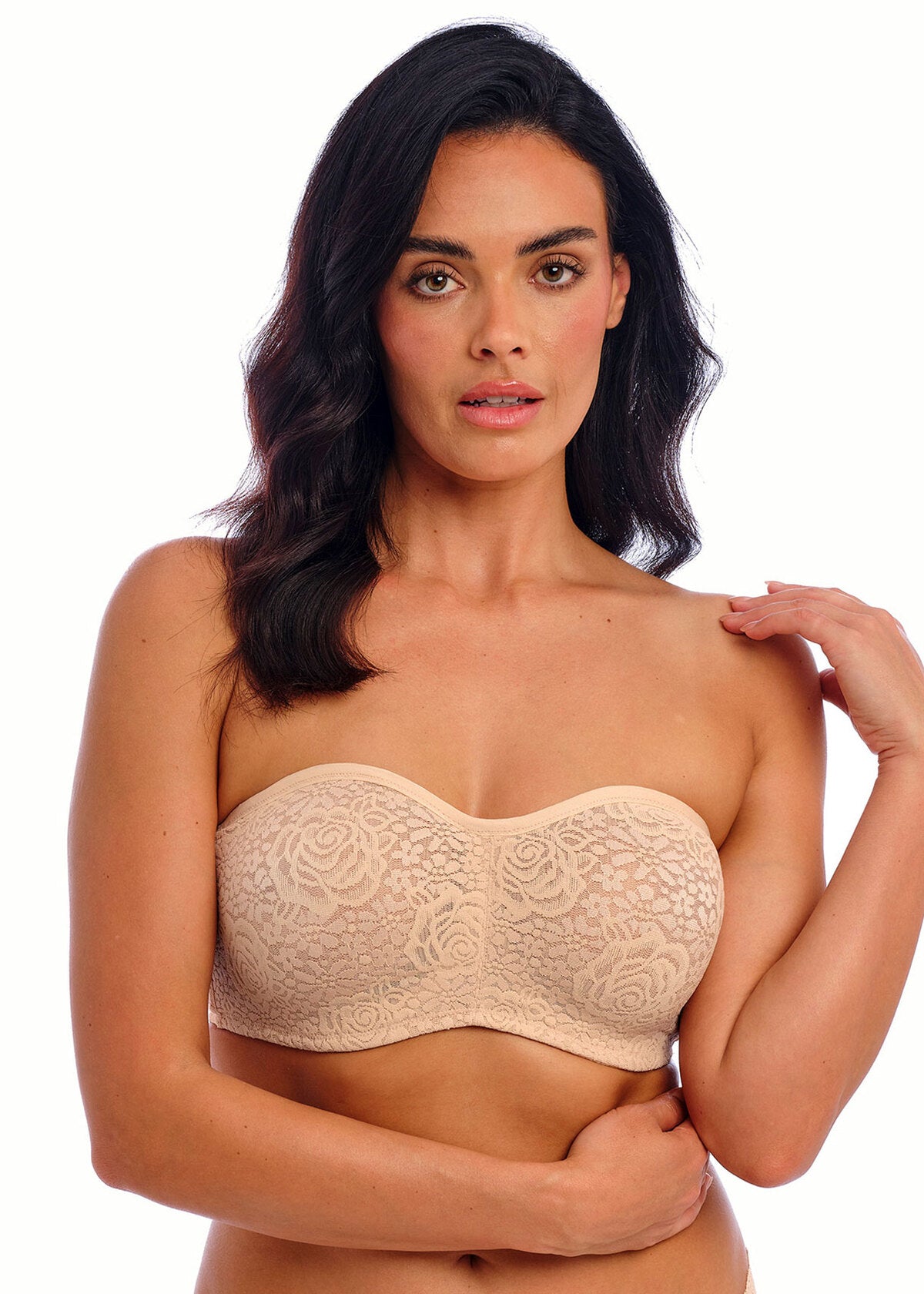 Front view of model wearing Halo Lace Strapless Bra Nude, showcasing bandeau style and soft lace design