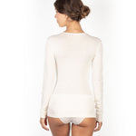 Back view of ivory wool & silk EGI top, showcasing close fit and fine knit for warmth and comfort.