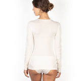 Back view of ivory wool & silk EGI top, showcasing close fit and fine knit for warmth and comfort.