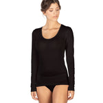 Woman wearing black long sleeve EGI top made from wool and silk with scoop neck and ribbed finish.
