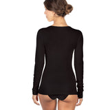 Back view of black wool and silk EGI layering top, showing long sleeves, scoop neck, and snug ribbed fit.