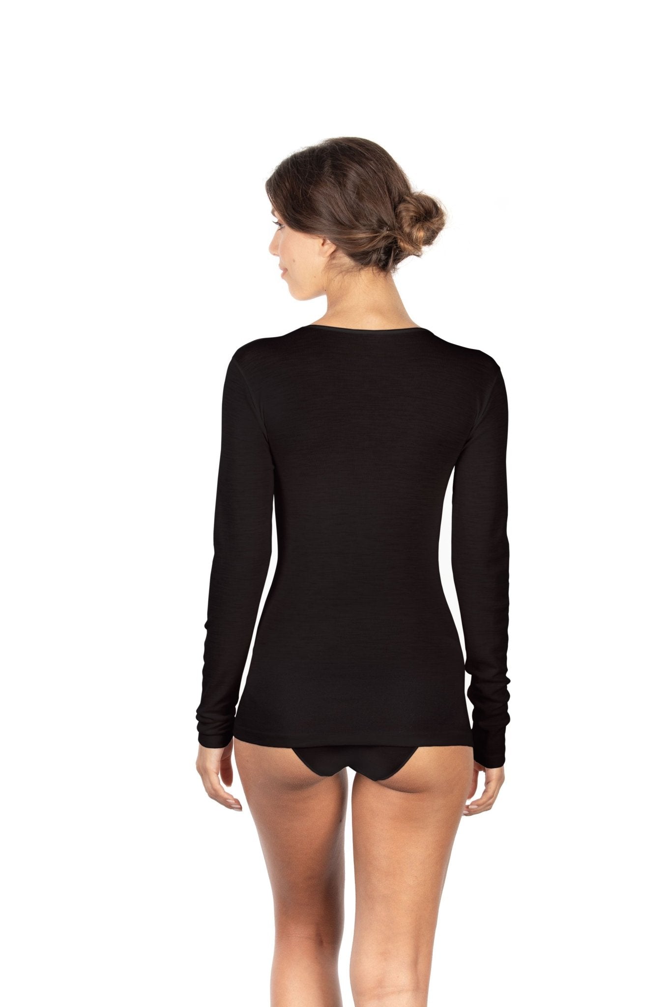 Back view of black wool and silk EGI layering top, showing long sleeves, scoop neck, and snug ribbed fit.