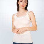 Wool & Silk Lace Trimmed Camisole in ivory shown full-length on model, highlighting fit and elegant neckline.