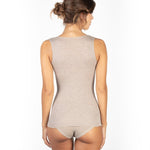 Back view of EGI wool and silk camisole in beige, showcasing full coverage and ribbed detail.