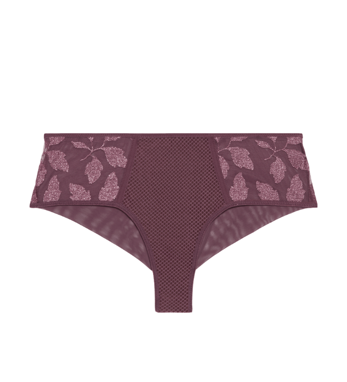 Flat lay of Dahlia Shorty Brief Byzantine, highlighting floral embroidery and sheer details, sold by The Foundation.