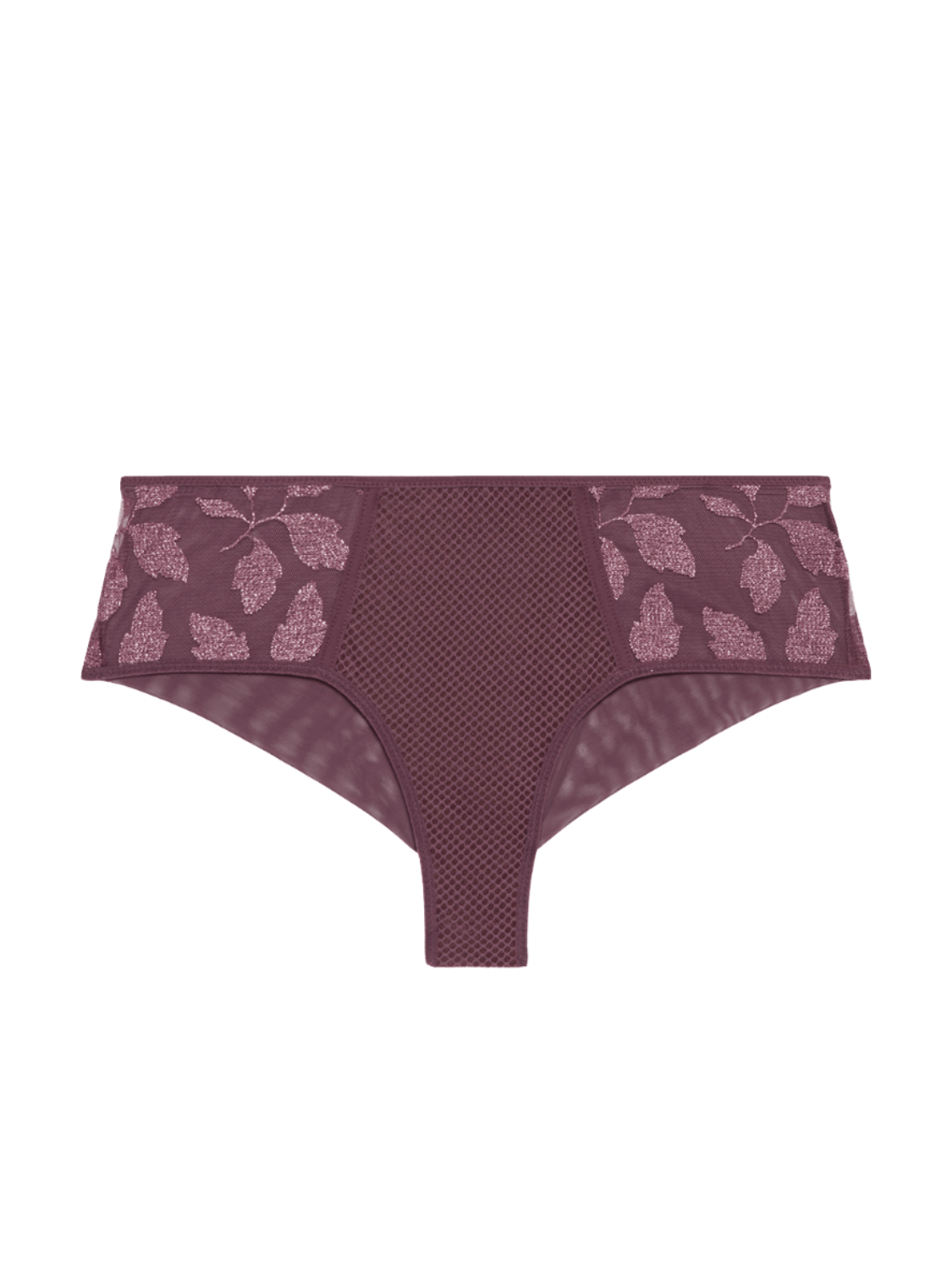 Flat lay of Dahlia Shorty Brief Byzantine, highlighting floral embroidery and sheer details, sold by The Foundation.