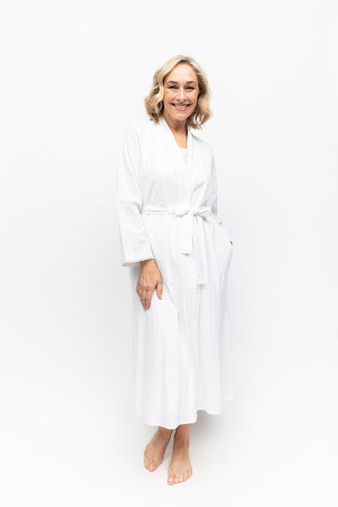 Tessa Cotton Seersucker Long Robe White