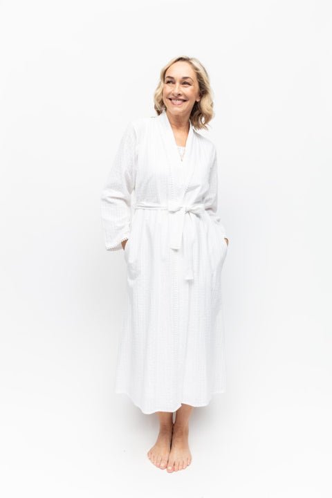 Tessa Cotton Seersucker Long Robe White