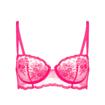 Flat lay of Intrigue Half Cup Bra Disco Pink by Simone Perele, highlighting unlined cups and scalloped edges, available at The Foundation.