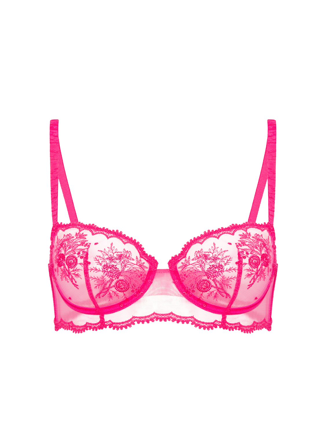 Flat lay of Intrigue Half Cup Bra Disco Pink by Simone Perele, highlighting unlined cups and scalloped edges, available at The Foundation.