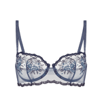 Simone Perele Intrigue Half Cup Bra Cinder Blue laid flat, showcasing velvet scalloped edging and elegant, two-tone French design at The Foundation.