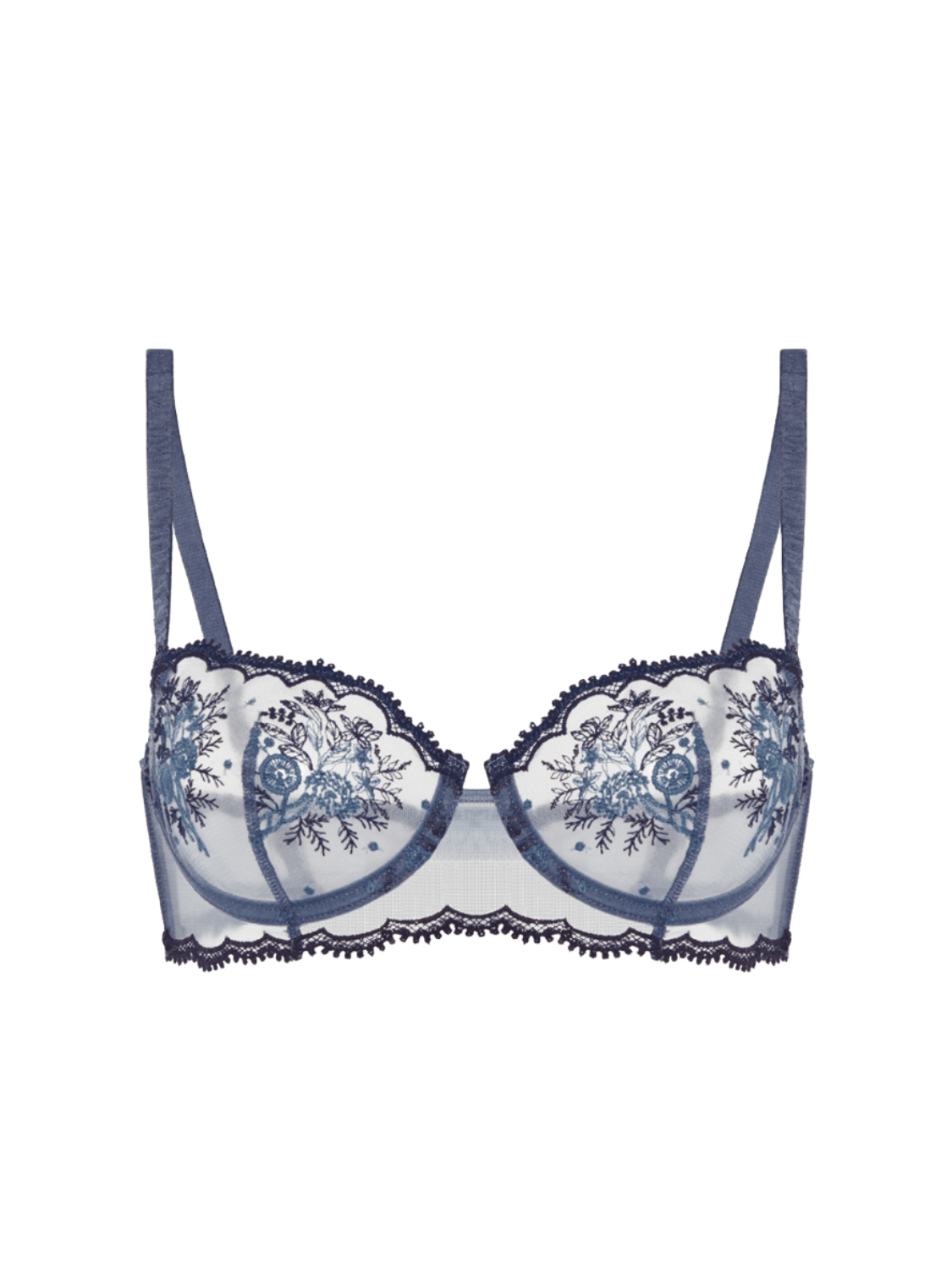 Simone Perele Intrigue Half Cup Bra Cinder Blue laid flat, showcasing velvet scalloped edging and elegant, two-tone French design at The Foundation.