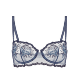 Simone Perele Intrigue Half Cup Bra Cinder Blue laid flat, showcasing velvet scalloped edging and elegant, two-tone French design at The Foundation.