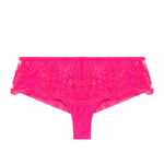 Flat lay of Intrigue Shorty Brief Disco Pink by Simone Perele, displaying velvet scalloped edges and bold pink hue from The Foundation.