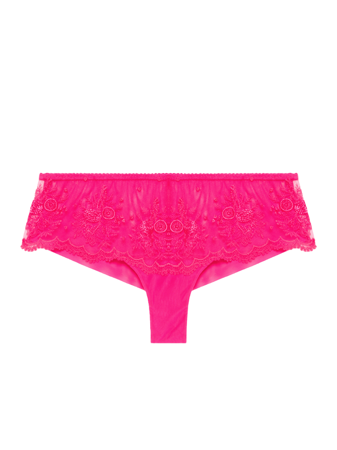 Flat lay of Intrigue Shorty Brief Disco Pink by Simone Perele, displaying velvet scalloped edges and bold pink hue from The Foundation.