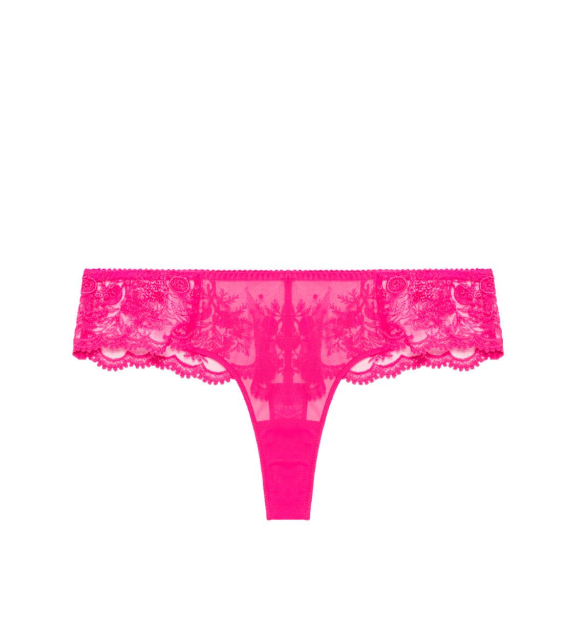 Flat lay of Intrigue Tanga Disco Pink by Simone Perele, highlighting bold pink embroidery and velvet edge, available at The Foundation.