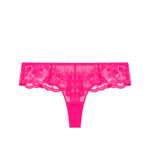 Flat lay of Intrigue Tanga Disco Pink by Simone Perele, highlighting bold pink embroidery and velvet edge, available at The Foundation.