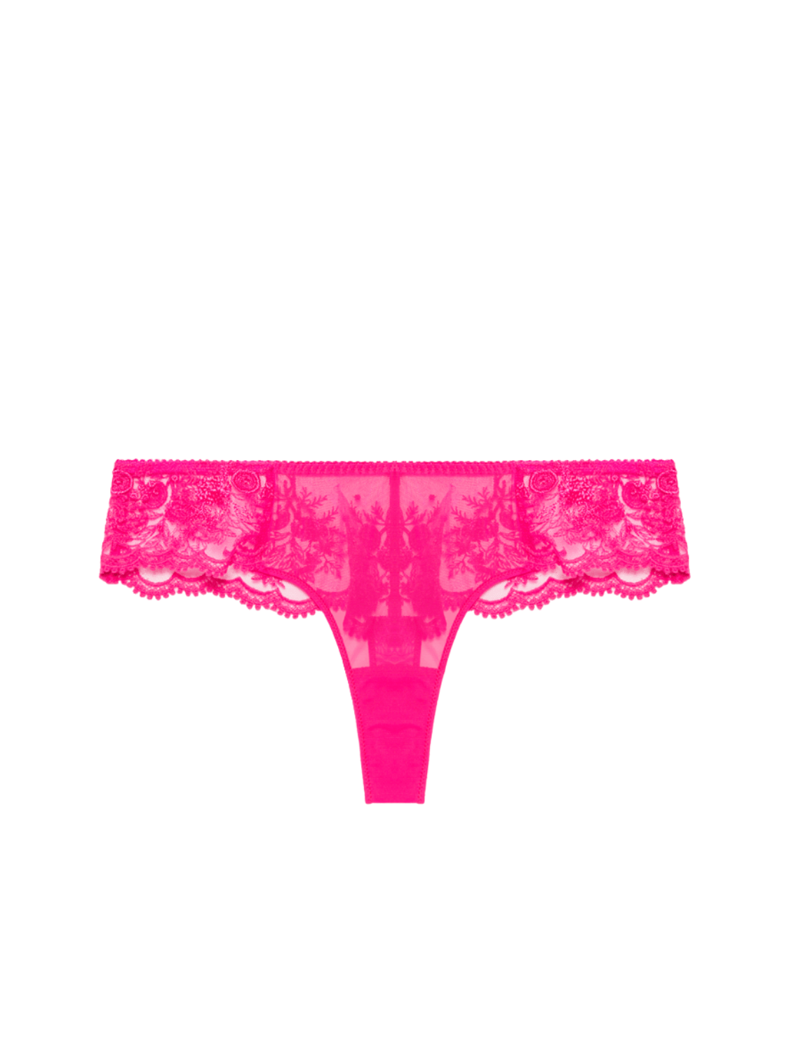 Flat lay of Intrigue Tanga Disco Pink by Simone Perele, highlighting bold pink embroidery and velvet edge, available at The Foundation.