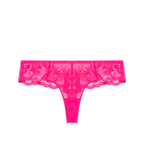 Flat lay of Intrigue Tanga Disco Pink by Simone Perele, highlighting bold pink embroidery and velvet edge, available at The Foundation.
