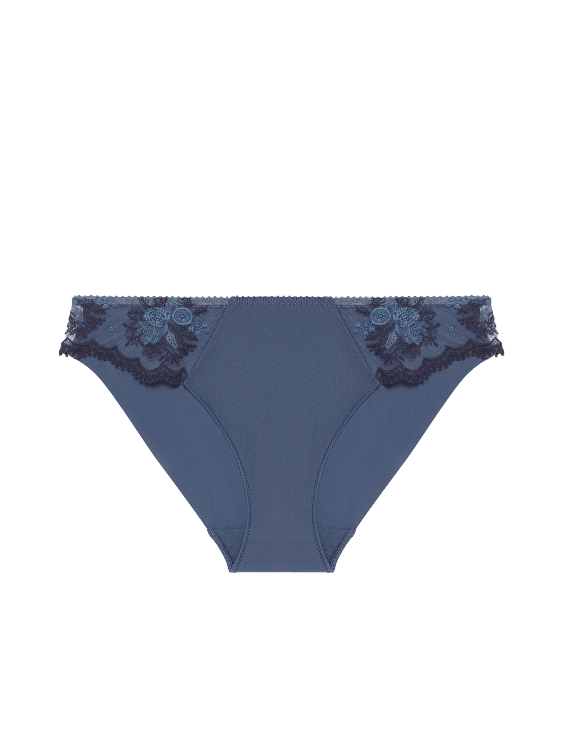 Flat lay of the Intrigue Bikini Brief Cinder Blue, highlighting embroidered tulle and scalloped velvet edges, available at The Foundation.