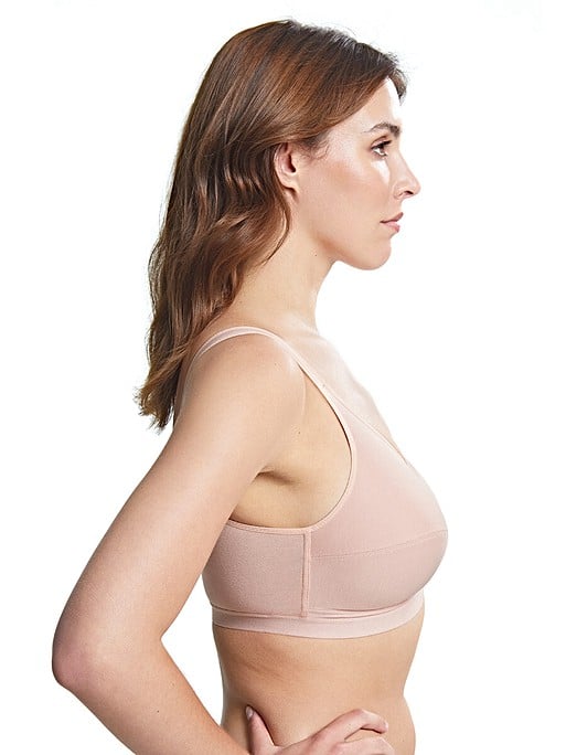 Side profile of Royce Comfi Cotton Wirefree Press Stud Front Open Bra Blush, featuring seamless sides and natural bust shape, from The Foundation.