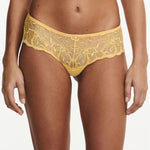 Front view of Fleurs Revealing Shorty Brief Tender Yellow from The Foundation, featuring lush floral embroidery and soft transparent lace