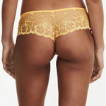 Back view of Fleurs Revealing Shorty Brief Tender Yellow from The Foundation, showing cheeky silhouette and detailed embroidery