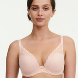Front view of Chantelle Norah Chic Plunge T-Shirt Bra Dusky Pink on model featuring chic lace and flattering plunge neckline.