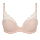 Flat lay of Chantelle Norah Chic Plunge T-Shirt Bra Dusky Pink laid flat showing modern lace and eco-friendly design.
