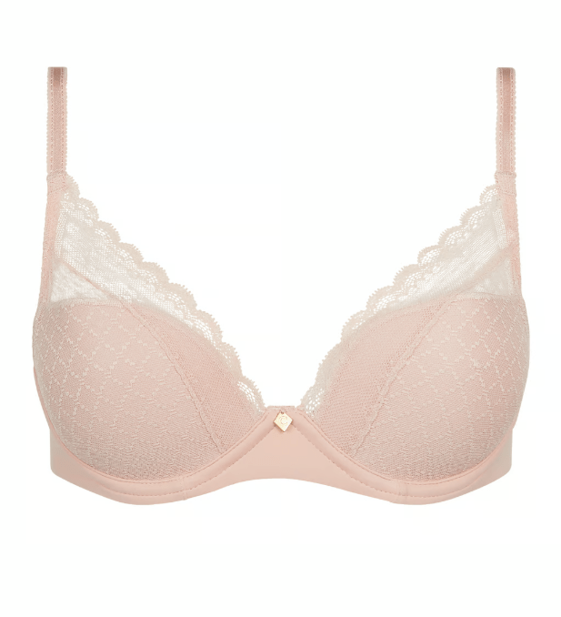 Flat lay of Chantelle Norah Chic Plunge T-Shirt Bra Dusky Pink laid flat showing modern lace and eco-friendly design.