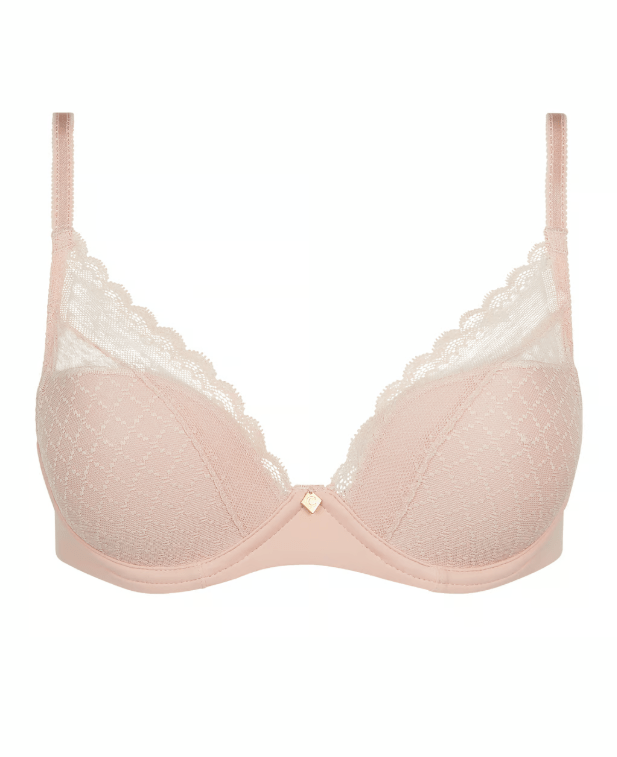 Flat lay of Chantelle Norah Chic Plunge T-Shirt Bra Dusky Pink laid flat showing modern lace and eco-friendly design.