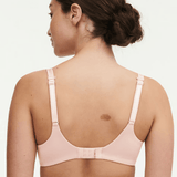 back view of Chantelle Norah Chic Plunge T-Shirt Bra Dusky Pink on model with adjustable straps and racerback hook.