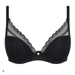Chantelle Norah Chic Plunge T-Shirt Bra Black laid flat showing chic print lace and eco-friendly design.