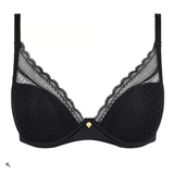 Chantelle Norah Chic Plunge T-Shirt Bra Black laid flat showing chic print lace and eco-friendly design.