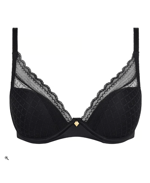 Chantelle Norah Chic Plunge T-Shirt Bra Black laid flat showing chic print lace and eco-friendly design.