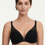  front view of model in Chantelle Norah Chic Plunge T-Shirt Bra Black adjustable straps and feminine jewel detail.