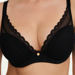 Close-up of graphic lace and jewel detail on Chantelle Norah Chic Plunge T-Shirt Bra Black modern eco-friendly lingerie.