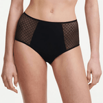Front view of Chantelle Norah Chic High Waist Full Brief Black on model showing high-waisted fit and chic tulle side panels.