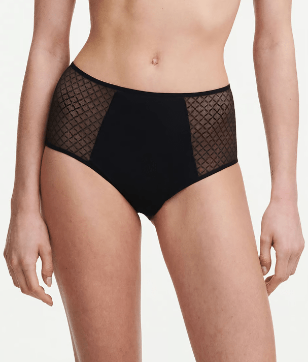 Front view of Chantelle Norah Chic High Waist Full Brief Black on model showing high-waisted fit and chic tulle side panels.