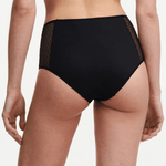 back angle of Chantelle Norah Chic High Waist Full Brief Black on model highlighting supportive fit and eco-designed fabrics.
