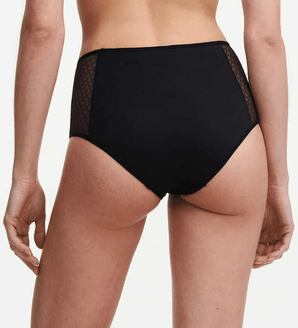 back angle of Chantelle Norah Chic High Waist Full Brief Black on model highlighting supportive fit and eco-designed fabrics.