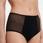 Angled front view of model wearing Chantelle Norah Chic High Waist Full Brief Black soft opaque knit with stylish tulle.