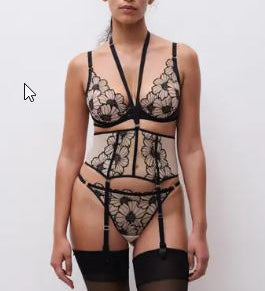 Chantelle Pulp Lush Waist Cincher Black/Soft Pink, floral lace suspender belt, pale blush lining, velvet trim, luxury lingerie at The Foundation.