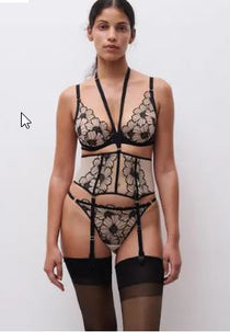Chantelle Pulp Lush Waist Cincher Black/Soft Pink, floral lace suspender belt, pale blush lining, velvet trim, luxury lingerie at The Foundation.