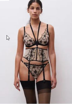 Chantelle Pulp Lush Waist Cincher Black/Soft Pink, floral lace suspender belt, pale blush lining, velvet trim, luxury lingerie at The Foundation.